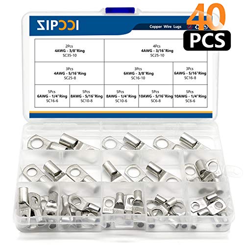 40 Pcs Ring Wire Lugs - Marine Crimp Copper Terminal Kit, Battery Cable Ends Connectors (2AWG 4AWG 6AWG 8AWG 10AWG/Gauge)