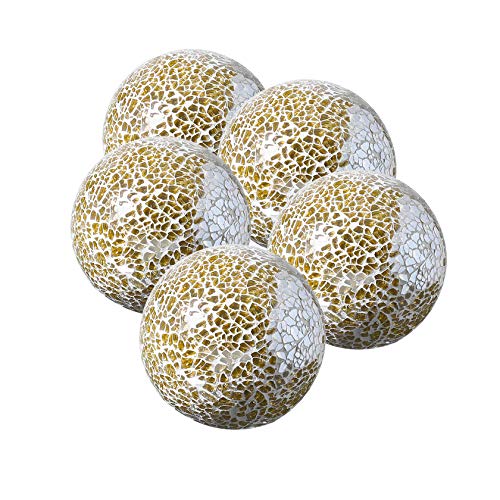 Whole Housewares Decorative Balls Set of 5 Glass Mosaic Sphere Dia 3' (Gold)