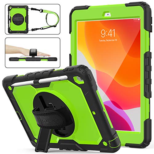 iPad 8th/7th Generation 10.2 Case, SEYMAC Stock [Full-Body] Drop &Shockproof Armor Protection with 360 Rotating Stand [Pencil Holder] Hand Strap for 2020/2019 New iPad 8th/7th 10.2 Inch(Green+Black)