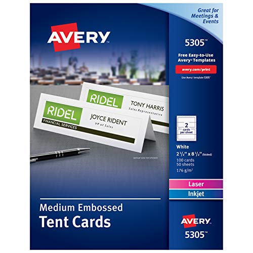 AVERY Printable Tent Cards, Laser & Inkjet Printers, 100 Cards, 2.5 x 8.5 (5305), White (05305)