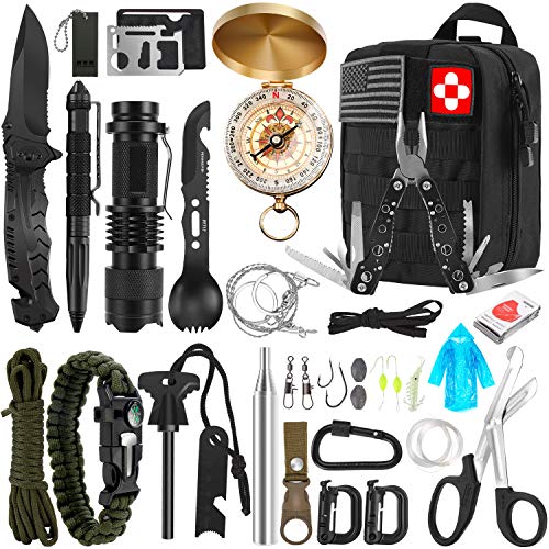 Survival Kit, 32 in 1 Professional Emergency Survival Gear Equipment Tools First Aid Supplies with Molle Pouch Gifts Ideas for Men Families SOS Tactical Hiking Hunting Disaster Camping Adventures