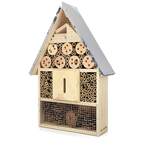 Navaris XL Wooden Insect Hotel - 9 x 16 x 3 Inches - Natural Wood Insect Home Bamboo Nesting Habitat - Garden Shelter for Bees, Butterflies, Ladybugs