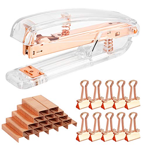 Durable Rose Gold Stapler with 1000 Pieces Staples and 10 Binder Clips, Desktop Stapler for Home Office School Supplies or Desktop Accessories