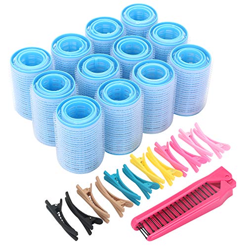 Self Grip Hair Rollers Set, with Hairdressing Curlers (Large, Medium, Small), Folding Pocket Plastic Comb, Duckbill Clips