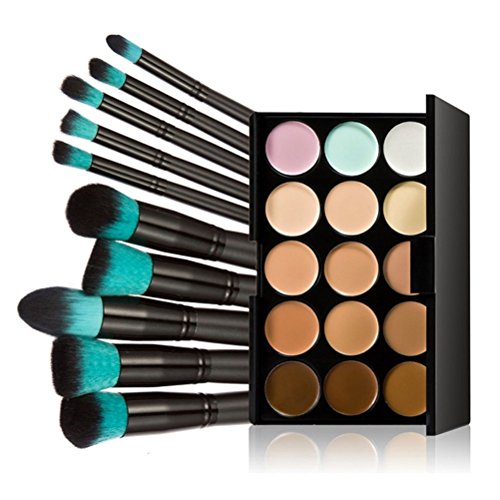 Tinksky 10 Makeup Brushes + 15 Colors Concealer Palette Highlighting Contour Face Cream Makeup Contouring Kit