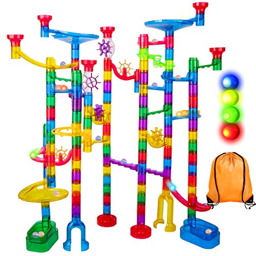 Marble Run Sets for Kids - 142Pcs Marble Race Track Marble Maze Madness Game STEM Building Tower Toy for 4 5 6 + Year Old Boys Girls(113 Pcs + 25 Glass Marbles + 4 Led Lighted Marbles)