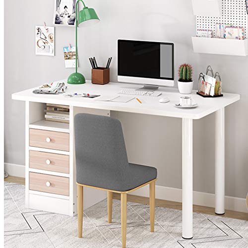 Yasoon Computer Desk for Home Office, Kids Study Writing Table with 3 Drawers and 1 Open Cabinet Door, Modern Simple Study Table with Large Desktop - Round Steel Tube Legs (White)