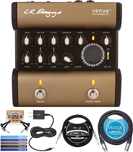 LR Baggs Venue DI Acoustic Guitar Preamp Bundle with Blucoil Slim 9V Power Supply AC Adapter, 10' Straight Instrument Cable (1/4'), 10-FT Balanced XLR Cable, 2x Patch Cables, and 5x Cable Ties