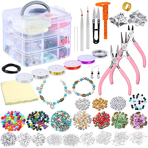 PP OPOUNT Deluxe Jewelry Making Supplies Kit Includes Assorted Beads, Charms, Findings, Bead Wire and Cord, Pliers, Caliper and Storage Case for Necklace, Bracelet, Earrings Making