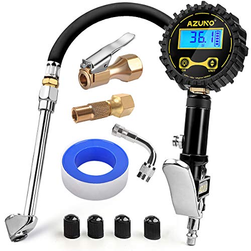 AZUNO Digital Tire Inflator with Pressure Gauge, 200 PSI (0.1 Res) w/LED Flashlight, Heavy Duty Air Compressor Accessories 7pcs Set, w/Lock on Air Chuck, Dual Head Chuck and 90° Tire Valve Extension