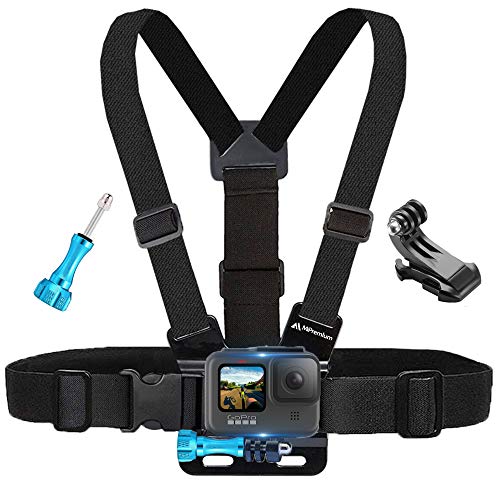 MiPremium Chest Mount Harness Compatible with GoPro Hero 8 7 6 5 4 3 3+ 2 Fusion Session Black Silver & AKASO EK7000 Sjcam Sports Cameras Adjustable Body Strap + Jhook & Aluminum Thumbscrew Accessory