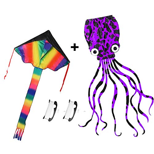 HOONEW Large Rainbow Delta Kite and Mollusc Octopus for Kids and Adults Beach Trip Park Family Outdoor Games and Activities Great Gift to Children-2 Packs with Kite Handles