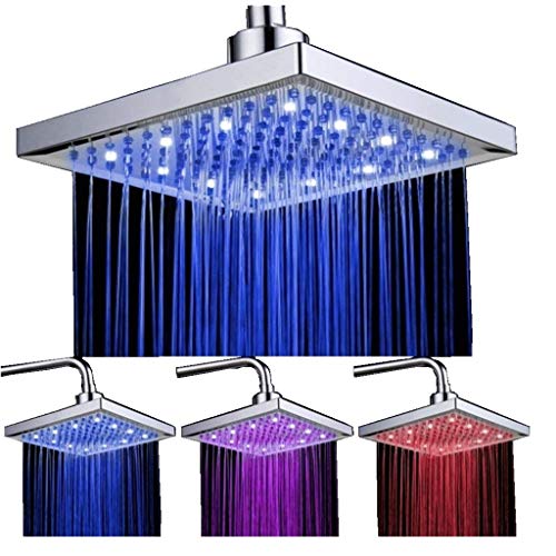 DELIPOP HN-11 LED Shower Head Temperature 3 Color Changing 8 inch Square ABS Chrome Finish 12 Leds For the Bathroom