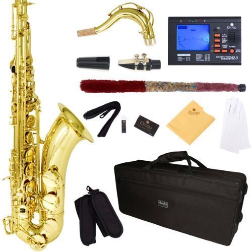 Mendini by Cecilio MTS-L+92D Gold Lacquer B Flat Tenor Saxophone with Tuner, Case, Mouthpiece, 10 Reeds and More