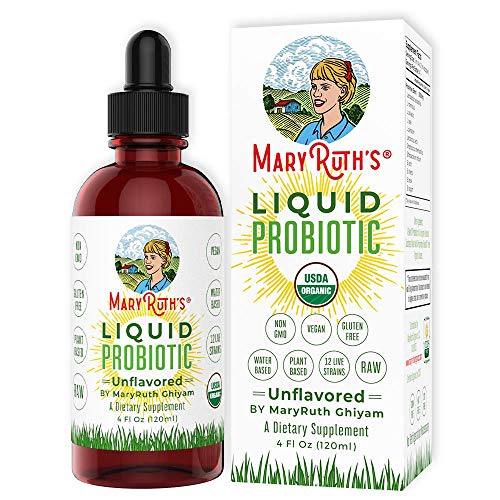 Organic Liquid Probiotics by MaryRuth's (Plant-Based) - Men Women Kids Babies Toddlers - Non-GMO Vegan RAW Paleo - 12 Live strains of Flora w/ acidophilus probiotic for Digestion 4oz Glass