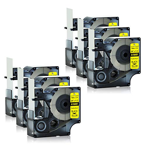 KCMYTONER 6 Pack 19mm x3.5m 3/4'' x 11.5ft Black on Yellow Label Cassette Compatible for Dymo 18491 Flexible Nylon Industrial Labeling Tapes Replacement with Rhino 4200 5200 5000 6000 Label Printers