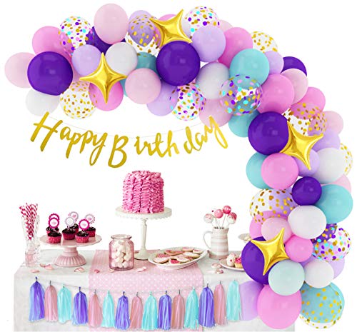 338 Pcs Unicorn Birthday Balloons Arch Garland Kit 12'' 10'' 5'' Confetti Latex Foil Purple Pink Balloons with Happy Birthday Banner Tassels for Unicorn Birthday Decorations for Girls Baby Shower Party Supplies with Tying Tool, Balloon Strip, Glue Points & Ribbon