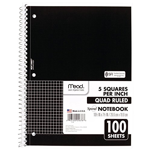 Mead Spiral Notebook, 1 Subject, Quad Ruled, 100 Sheets, Grid Notebook with Engineering Graph Paper, Home Office & Home School Supplies for College Students & K-12, 10-1/2' x 8', Black (05676AA5)