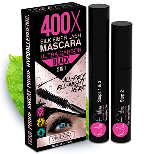 400X Pure Silk Fiber Lash Mascara [Ultra Black Volume and Length], Longer & Thicker Eyelashes, Waterproof, Long Lasting, Instant & Very Easy to Apply, Smudge-proof, Hypoallergenic, Cruelty & Paraben Free (Mia Adora)