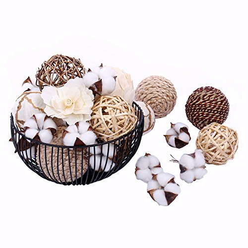 Bag of Assorted Decorative Spherical Natural Woven Twig Rattan and Cotton Bowl and Vase Filler, Balls Spheres Orbs Filler - Brown and White (Brown2)
