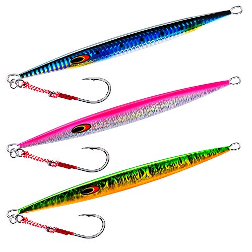 Goture Saltwater Jigs Deep Sea Bass Fishing Lures Tuna,Grouper,Dogtooth, Salmon Jigging Jigs Lead Vertical Jigs Speed Jig Flatfall Jig Fishing Spoons 5.29oz/150g, 3 Pack