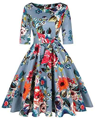 Women's 1950s Vintage Crewneck 3/4 Sleeve Retro Cocktail Swing Dress (Floral Blue #1,2XL)