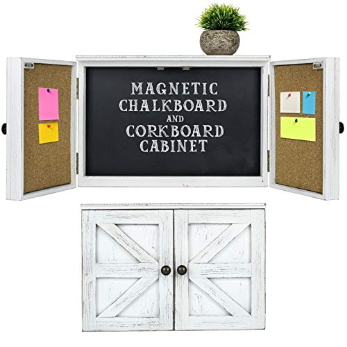 Wooden Rustic Magnetic Chalkboard: 12' x 17' Wall Mounted Entryway Cabinet Includes Cork Board and Erasable Chalk Board Organizer Display Shelf and Key Hooks (White)