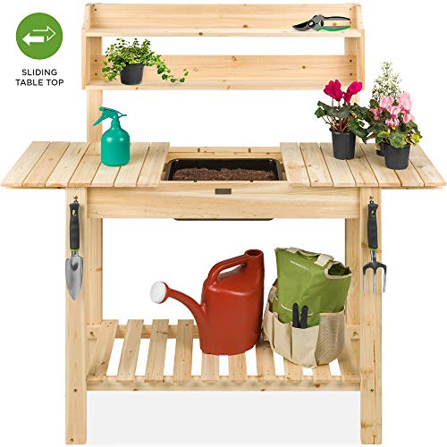 Best Choice Products Outdoor Wood Garden Potting Bench Workstation Table w/Sliding Tabletop, Food Grade Dry Sink, Storage Shelves - Natural