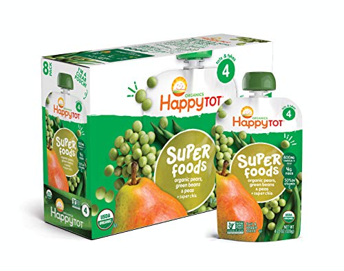 Happy Tot Organic Stage 4 Super Foods Pears Peas & Green Beans + Super Chia, 4.22 Ounce Pouch (Pack of 16) (Packaging May Vary) Non-GMO Gluten Free 3g of Fiber Excellent source of vitamins A & C