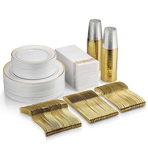 350 Piece Gold Dinnerware Set - 50 Guest Gold Rim Plastic Plates - 50 Gold Plastic Silverware - 50 Gold Rim Plastic Cups - 50 Linen Like Gold Paper Napkins, 50 Guest Disposable Gold Dinnerware Set
