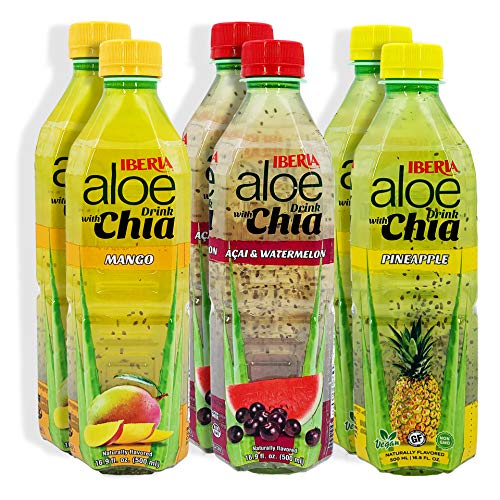 Iberia Aloe Vera Juice with Chia Variety Pack (Pack of 6) 2 x Acai & Watermelon, 2 x Mango, 2 x Pineapple