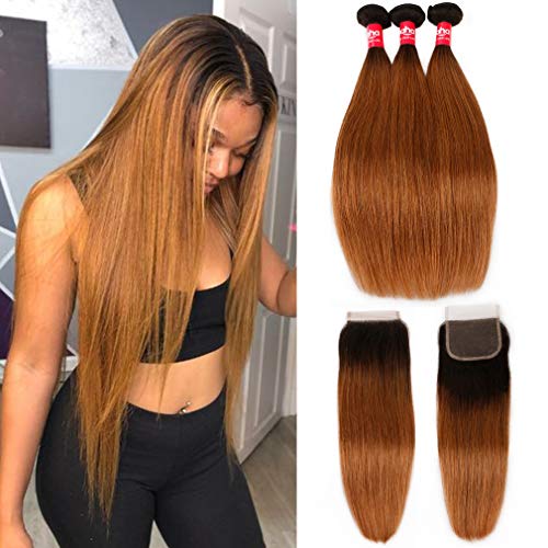 Haha Ombre Brazilian Straight Hair 3 Bundles with Closure 2 Tone T1B/30 Black to Medium Auburn 8A Ombre Brazilian Virgin Human Hair Weave Bundles with Lace Closure Ombre Hair Extensions 16 18 20+14