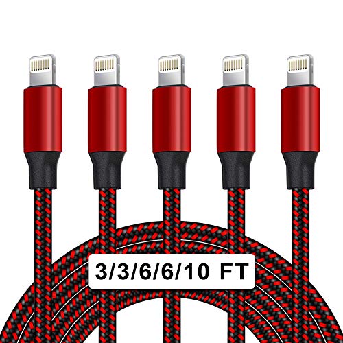 UNEN MFi Certified 5Pack[3/3/6/6/10ft] Nylon Braided iPhone Charger Lightning Cable Fast Charging&Syncing Long Cord Compatible iPhone 11Pro Max/11Pro/11/XS/Max/XR/X/8/8P/7 and More-Black&Red