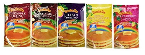 Hawaiian Sun 5 Pack Assorted Pancake Mix: Chocolate Mac, Passion Fruit, Banana Mac Nut, Coconut Pineapple, Strawberry Guava