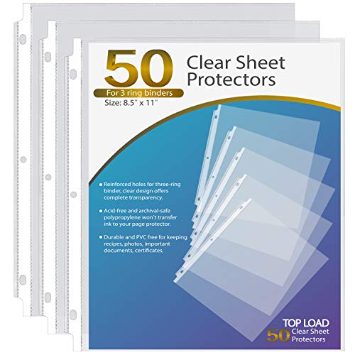 Ktrio Sheet Protectors 8.5 x 11 Inches Clear Page Protectors for 3 Ring Binder, Plastic Sleeves for Binders, Top Loading Paper Protector Acid Free Letter Size, 50 Pack