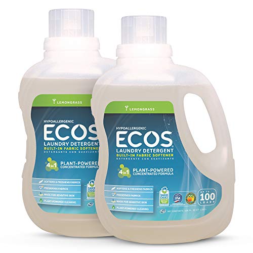 Earth Friendly Products ECOS 2X Liquid Laundry Detergent with Built in Softener, Lemongrass, 200 Loads, 2 x 100 oz Bottles
