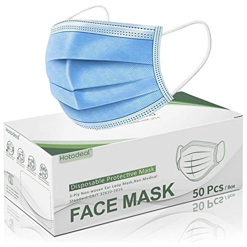 Hotodeal 50 Pcs Disposable Face Masks, Breathable Face Mask 3 Layer Protection Facemask, Lightweight Dust Protective Facial Masks for Adult, Men, Women, Indoor, Outdoor Use