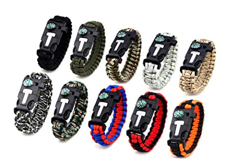 Kissmi 10 Pack Paracord Bracelet Survival Gear with Compass, Fire Starter, Whistle And Emergency Knife,Best Wildness Survival -Kit for Camping/Hiking