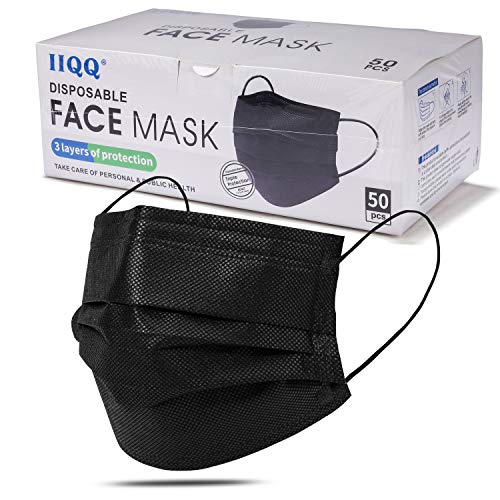 Face Mask Disposable Safety Mask with Elastic Earloops Breathable 3-Layer Protection for Adults Teens 50PCS Black