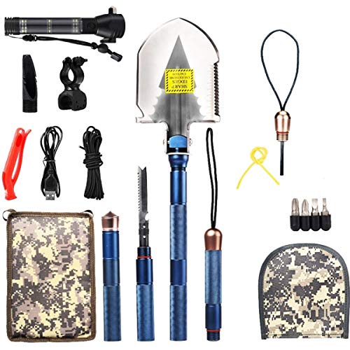BAALAND Military Folding Shovel, Tactic Survival Shovel with Axe Saw Knife Flashlight Multi Tools for Camping Hiking Outdoor Adventure