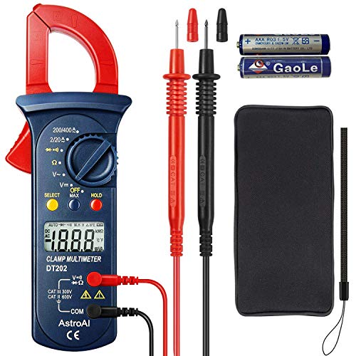 AstroAI Digital Clamp Meter, Multimeter Volt Meter with Auto Ranging; Measures Voltage Tester, AC Current, Resistance, Continuity; Tests Diodes, Red/Black