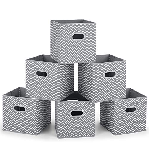 MaidMAX Set of 6 Storage Bins, Collapsible Storage Cubes, Shelf Baskets with Dual Plastic Handles for Home Office Nursery Drawers Organizers, Gray Chevron, 10.5×10.5×11 inches