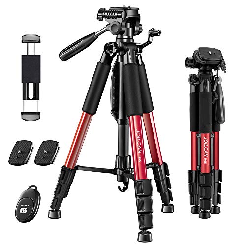 JOILCAN 65” Camera Tripod, Aluminum Lightweight Phone/Tablet Stand 11 lbs Load with Universal Phone/Tablet Mount,2PC Quick Plates for Traveling,Live Streaming, Video Recording（Red）