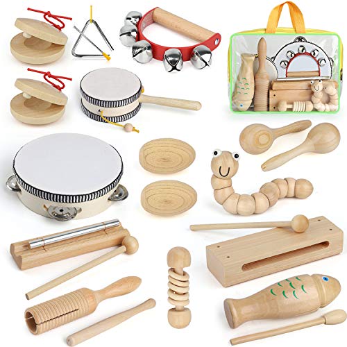 KAQINU Kids Musical Instruments, 21Packs Toddlers 100% Natural Wooden Music Percussion Toy Sets for Preschool Educational Early Learning, Toddler Musical Instruments Ages 1-3 with Storage Bag