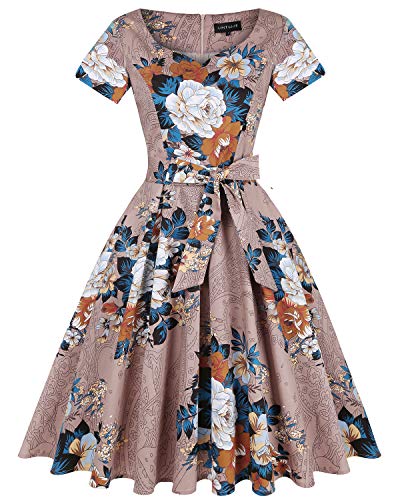 Womens 1950s Vintage Retro Party Swing Dress Rockabillty Stretchy Dress (Floral Light Brown,2XL)