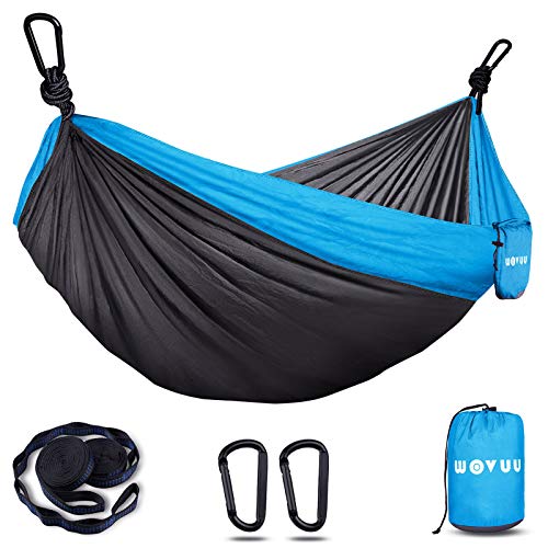 WOVUU Hammock,Camping Hammock Double & Single for Tree, Travel Portable Lightweight Hammock with Tree Straps,Carabiners,Parachute Nylon Hammocks for Camping,Traveling Backpacking,Hiking (Gray&Blue)