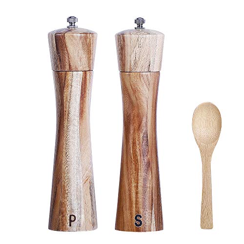 Wooden Salt and Pepper Grinder Set, Manual Pepper Mill with Wood Spoon, Adjustable Coarseness and 3OZ Capacity for Kitchen, Pack of 2