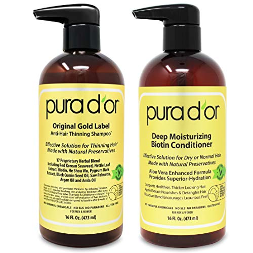 PURA D'OR Biotin Original Gold Label Anti-Thinning (16oz x 2) Shampoo & Conditioner Set, Clinically Tested Effective Solution w/ Herbal DHT Ingredients, All Hair Types, Men & Women (Packaging Varies)