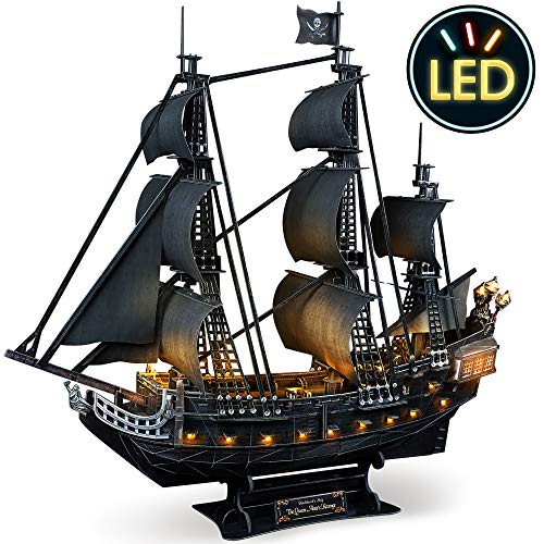 CubicFun 3D Puzzle for Adults LED Pirate Ship Puzzles Sailboat Vessel Model Kits, Large Black Queen Anne's Revenge Difficult Puzzles with Led Lights Watercraft Gifts for Men Women, 340 Pieces