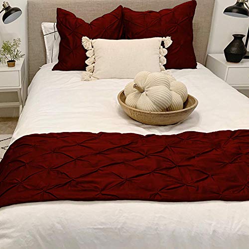 Cotton Magneto Pinch Pleated Bed Runner with 3 Pieces Solid with 2 Pillow Shams Organic Cotton Soft Fade-Resistant Easy Care Decorative Bed Scarf [ (95' X 18'), Burgandy]